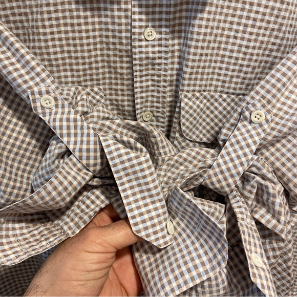 Billy Reid Brown Blue Plaid Roll Tab Sleeve Button Up Cotton Shirt Mens Slim XL - Picture 5 of 7